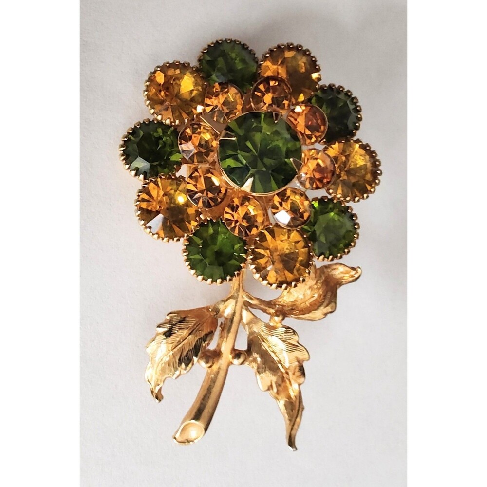 Vintage Gold Tone 3D Brooch  Prong Set Green Yellow Rhinestone Flower Estate EXC